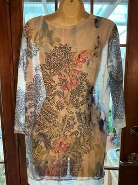 Chico's Light Blue Tunic with Navy Paisley & Pink Floral Accents